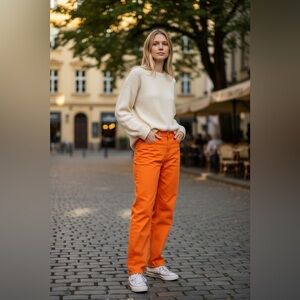 Zara women’s orange wide leg high rise jeans size 34